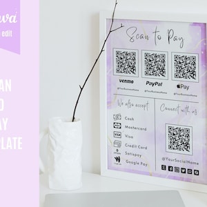 Scan-to-Pay-Karte, die in Canva bearbeitet werden kann, QR-Code-Zeichenvorlage, CashApp PayPal-Zeichen für kleine Unternehmen, Venmo-Zahlung zum Ausdrucken. Preisliste Karte