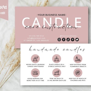 Carte d'entretien des bougies, instructions imprimables d'entretien des bougies Boho avec icônes, modifiables dans le guide de sécurité des bougies Canva, insertion de colis pour petites entreprises