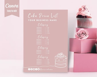 Cake price list template, Bakery business price list, bakery menu template, Dessert price list, Editable price list template for Canva