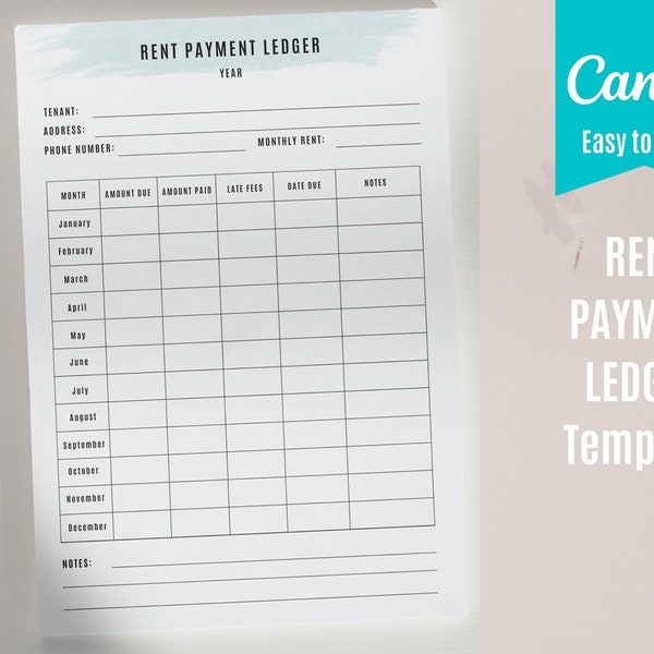 Rent Payment Ledger Template, Printable Real Estate templates, Tenant Payment Tracker Editable on Canva, Rent Payment Log, Rental Receipt