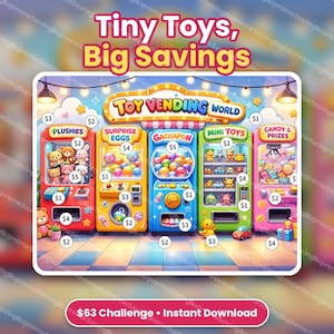Peut inclure: Un graphique numérique intitulé Tiny Toys, Big Savings présentant cinq distributeurs automatiques de jouets colorés étiquetés Plushies, Surprise Eggs, Gachapon, Mini Toys et Candy & Prizes. Chaque machine affiche des prix et des objets.