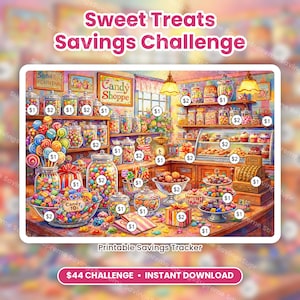 May include: A Sweet Treats Savings Challenge printable savings tracker featuring a colorful candy shop illustration with various jars of sweets, lollipops, and a cash register. The image includes multiple circular icons labeled with $1 and $2 values.