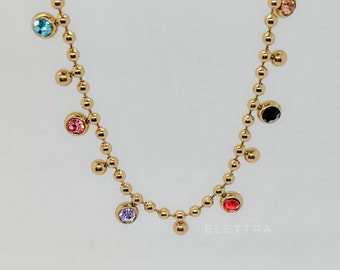 Rainbow Stone Necklace, Gold Plated, Stainless Steel, Dainty Layering Chain, Colorful Jewelry, Waterproof, Gift for Her, No Tarnish