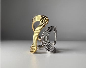 Two Tone Wavy Ring, Gold-Plated Stainless Steel, Mixed Metal Statement Ring