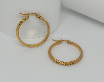 Textured Hoops, Gold Plated Earrings, Stainless Steel, Medium Hoops, No Fade, Waterproof, Everyday Wear, Jewelry Gift For Her,Hypoallergenic