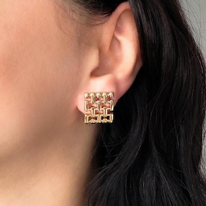 Square Woven Gold Studs, Stainless Steel, No Tarnish, Statement Earrings, Chunky, Bold, Retro, Mesh, Waterproof, Gift For Her, Waterproof