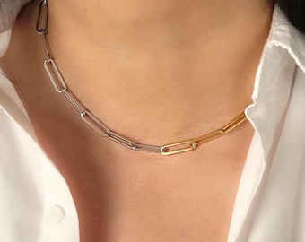 Two-Tone Paperclip Choker Necklace, Stainless Steel, Gold Plated, Waterproof, No Fade, Rectangle Link Chain, Layering Chain