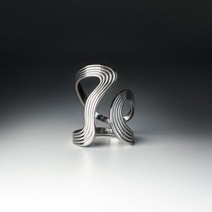 May include: A silver-colored ring with a unique, abstract design. The ring features multiple curved, parallel lines that create an open, flowing shape. The design is reminiscent of flowing water or a stylized wave. The ring is set against a gradient background.