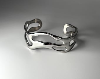 Silver Wave Cuff Bracelet, Stainless Steel, No Tarnish, Waterproof, Wrist Cuff, Wide Cuff, Statement Bracelet, Open Cuff, Silver Cuff Bangle