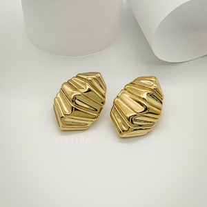 Chunky Ribbed Studs, Gold Plated Stainless Steel, Statement Studs, Retro Style Earrings, Waterproof, Gift For Her, No Tarnish Earrings, Big