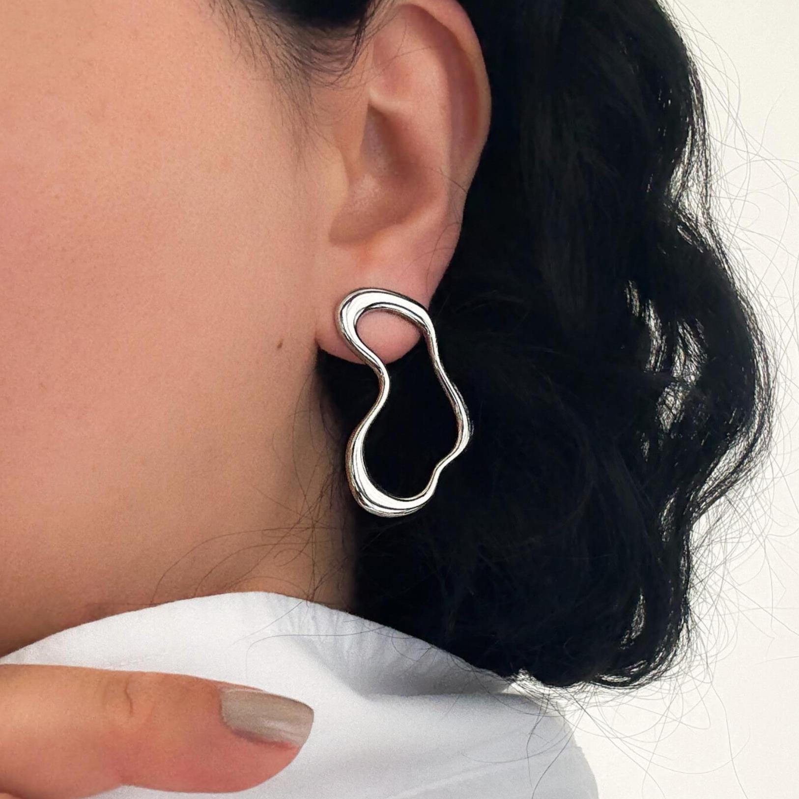 Silver Wavy Stud Earrings - Etsy display picture 1
