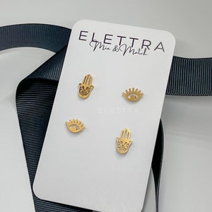 Evil Eye and Hamsa Stud Earrings, Stainless Steel, Mini Studs, Boho, Hippie, No Tarnish, Waterproof, Mix and Match, Gold Plated,Dainty studs