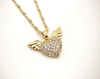 Gold Plated Heart Angel Wings Necklace, Cubic Zirconia, Tarnish-Free Layering Love Jewelry