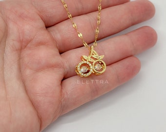 Double Cherry Necklace, Gold Plated, 316L Stainless Steel, Cubic Zirconia, Good Luck, Waterproof, Tarnish Free, Fruit Jewelry, Gift For Her