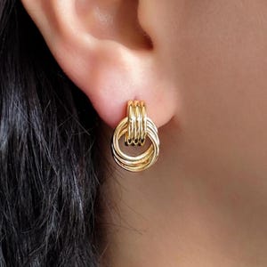 Gold Knot Door Knocker Earrings, Stainless Steel Twist Statement Studs, Waterproof, Tarnish Free