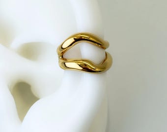 Wave Gold Ear Cuff, Stainless Steel, Non Pierced Cuff, Single Band Cuff, Cartilage Cuff, Ring C-shaped, Feminine Ear Cuff, Waterproof, Gift