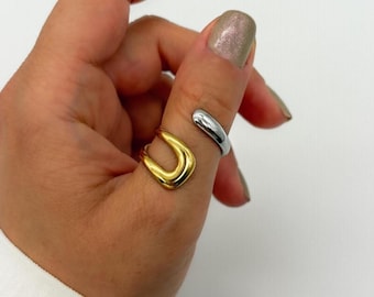 Two-Tone Stainless Steel Wrap Ring: Adjustable Open Design, Waterproof, No Tarnish,
