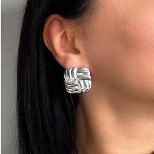 Chunky Square Silver Studs, Stainless Steel Statement Earrings, Retro Modern Chic