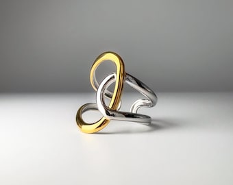 Two Tone Stainless Steel Open Ring, Waterproof Adjustable Statement Jewelry