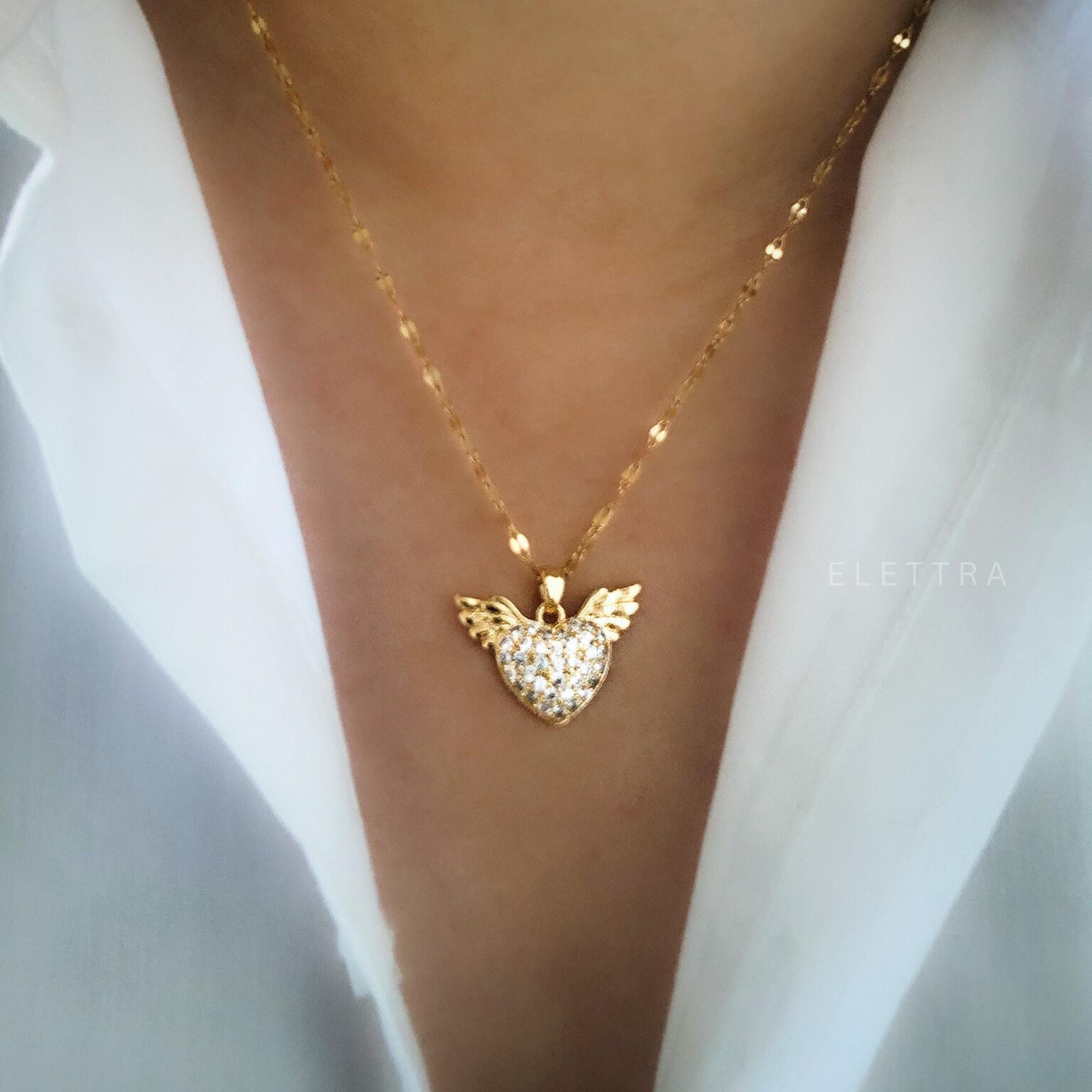 Gold Plated Angel Wing Heart Necklace - 35 CZ Stones, Gift Box Included