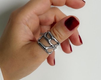 Silver Wave Ring, Stainless Steel, Waterproof, Adjustable Statement Band