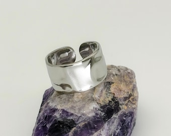 Textured Stainless Steel Adjustable Wide Band Ring, Waterproof and Tarnish Free