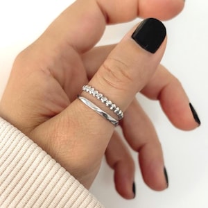 Two Band Silver Stacking Ring, Textured Stainless Steel, Adjustable Open Ring