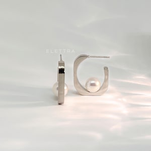 Boucles d'oreilles en argent avec perles en forme de C, Acier inoxydable 316L, Boucles d'oreilles élégantes, Créoles féminines, Cadeau pour elle, Résistant à la ternissure, Créoles rectangulaires