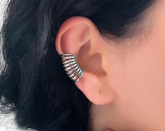 Silver Ribbed Ear Cuff, No Piercing Adjustable Cartilage Wrap
