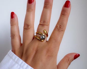Two Tone Stainless Steel Ball Ring, Mixed Metal Statement Wrap Ring