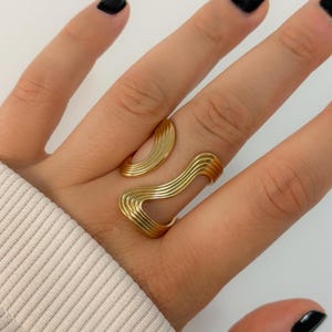 18K Gold Plated Wavy Ring, Stainless Steel Open Statement Ring, Waterproof Tarnish-Free Accessory