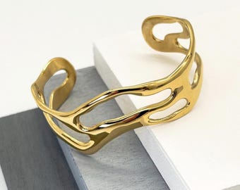 Gold Wave Cuff Bracelet, Waterproof Stainless Steel Statement Bangle