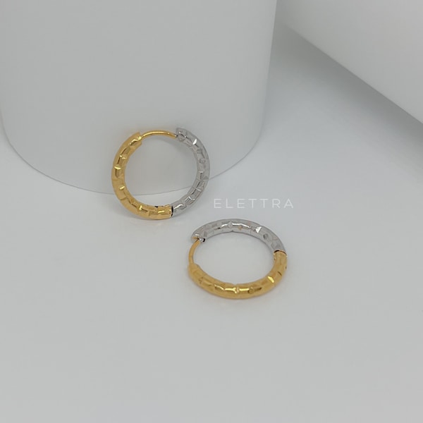 Two Tone Mini Huggies, Dainty Hoops, Stainless Steel, Silver, Gold, Minimalist, Gift For Her, No Tarnish, Daily Wear, Textured Earrings