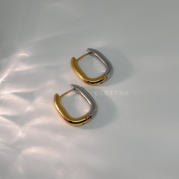 Two Tone Hoops, Oblong Huggies, Stainless Steel, Everyday Wear, Mixed Metal Earrings, No Tarnish, Minimalist Hoops, Rectangle, Gift For Her