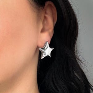 Chunky Star Stud Earrings, Puffy Stainless Steel, Retro Celestial Statement Studs