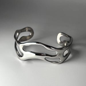 Silver Wave Cuff Bracelet, Stainless Steel, Waterproof, Tarnish-Free, Wide Statement Bangle