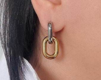 Two Tone Stainless Steel C-Shape Earrings, Gold Silver Mixed Metal Stainless Steel Hoops
