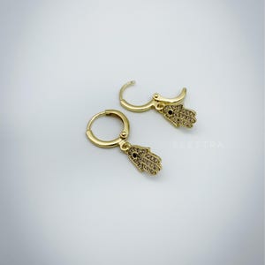Mini Hamsa Huggies, Gold Plated Stainless Steel, Evil Eye, Amulets, Dainty Hoops, CZ Diamond Hoops, Tiny Hoops, Gift For Her, No Tarnish