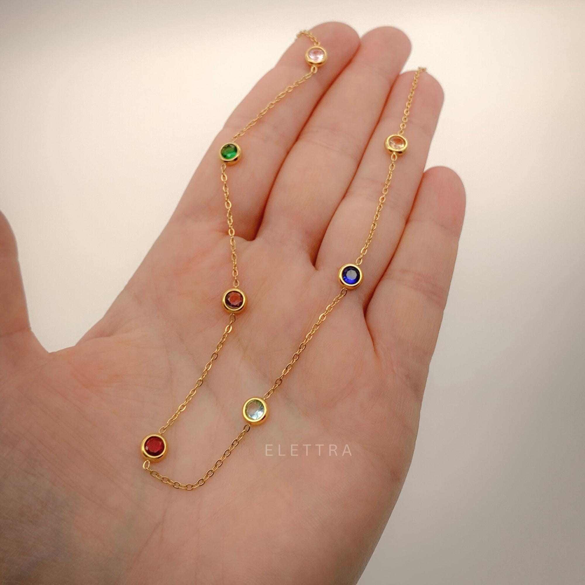 Rainbow Necklace, Gold Plated Stainless Steel, Cubic Zirconia Gems, Colorful Dainty Necklace, Waterproof, No Tarnish, Gift for Her