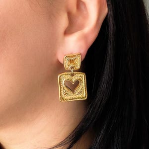 Dangle Heart Earrings, Stainless Steel, Chunky Retro Statement Studs