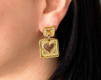 Dangle Heart Earrings, Stainless Steel, Chunky Retro Statement Studs