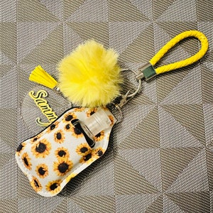 Personalised keychain with Hand sanitiser, Pom Pom and tassel