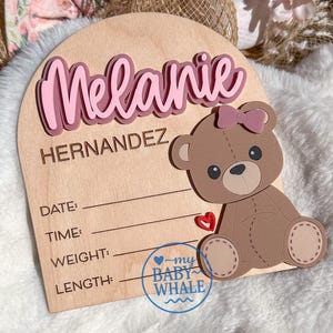 Teddy Bear Birth Announcement Sign Personalized Baby Name Sign Newborn Stats Plaque Custom Baby Gift Baby Hospital Photo Prop Keepsake