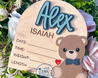Baby Boy Birth Announcement Sign, Teddy Bear Name Sign with Bow Tie, Hospital Birth Stats Sign