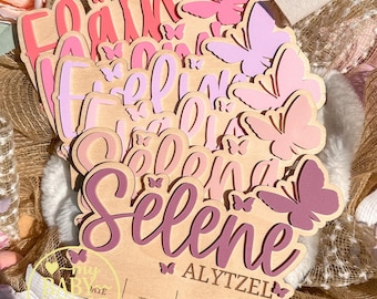 Baby Girl Name Sign with Butterfly: Wooden Birth Announcement