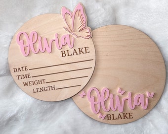 Baby Girl Name Sign With Butterfly: Wooden Birth Announcement