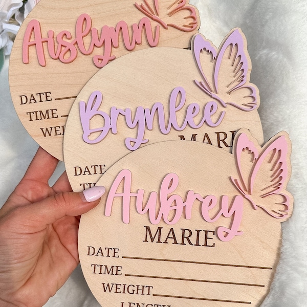 Baby Girl Name Sign With Butterfly | Wooden Name Sign| Birth Hospital Sign|  Wooden Birth Announcement| Birth Announcement Sign|Newborn Baby