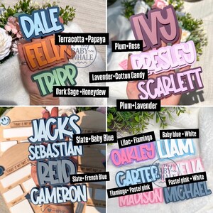 May include: A collection of colorful, layered name cutouts in various fonts and color combinations. Names include Dale, Felix, Tripp, Ivy, Presley, Scarlett, Jacks, Sebastian, Reid, Cameron, Oakley, Liam, Carter, Ella, Madison, and Michael.