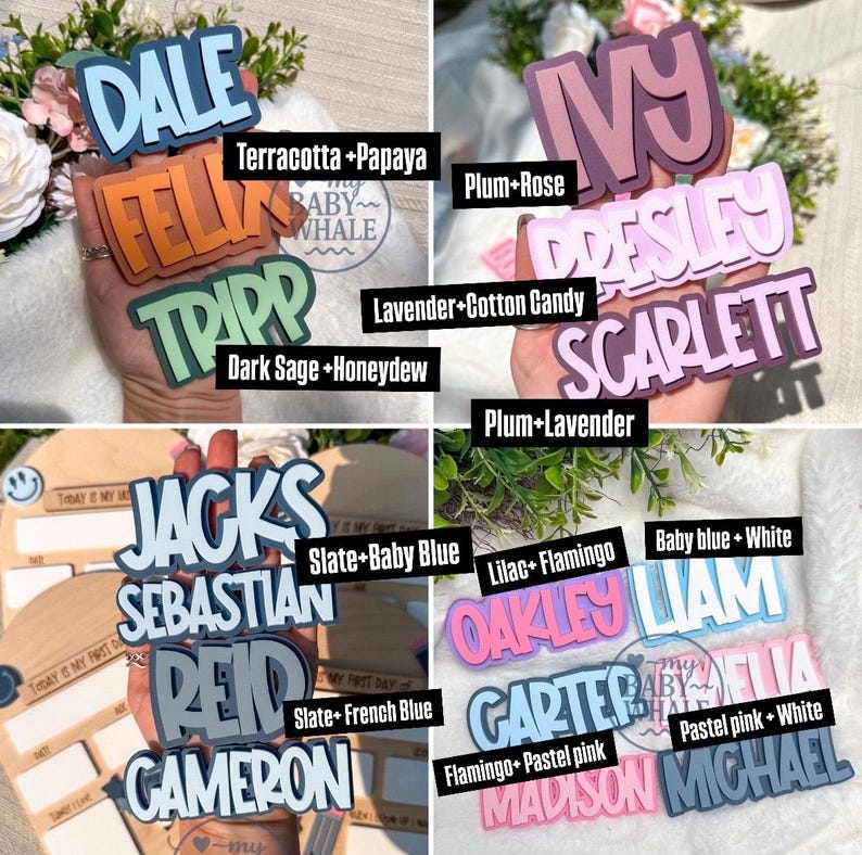 May include: A collection of colorful, layered name cutouts in various fonts and color combinations. Names include Dale, Felix, Tripp, Ivy, Presley, Scarlett, Jacks, Sebastian, Reid, Cameron, Oakley, Liam, Carter, Ella, Madison, and Michael.