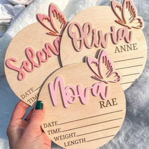 Letrero para anunciar el nombre de tu bebé, con mariposas, con las estadísticas de nacimiento, para baby shower, para habitación infantil.